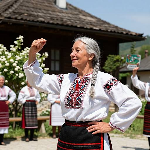 Photograph of an elderly woman with white hair in a braid, wearing a white embroidered blouse and black skirt, raising her right fist, standing in