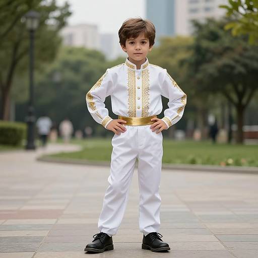 Photograph of a young boy with short brown hair, standing confidently in a park, wearing a white and gold embroidered outfit with black shoes, hands on