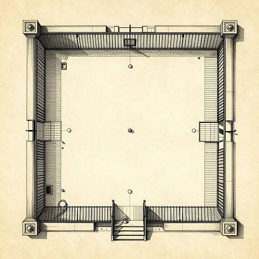 Top-down architectural drawing of a square, enclosed space with detailed black and white line work, showcasing structural elements and staircases.