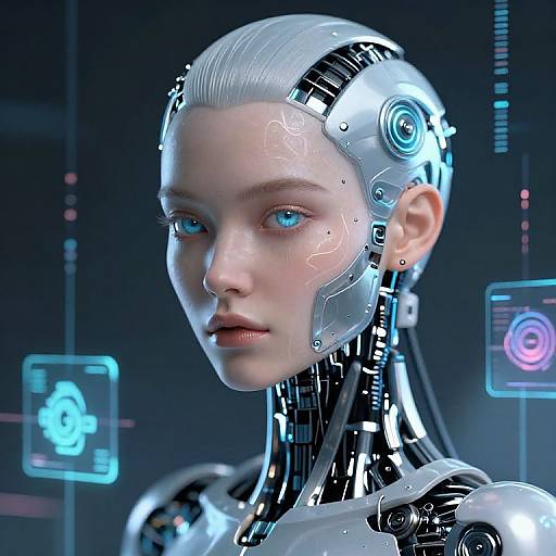 CGI image of a futuristic, pale-skinned female android with blue eyes, silver hair, and cybernetic enhancements, set against a dark,