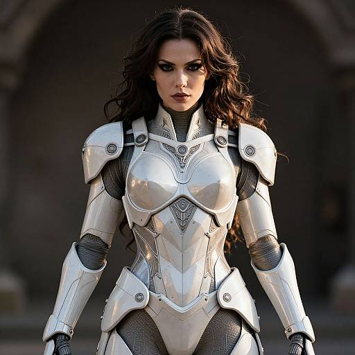 Photograph of a fierce, dark-haired woman in detailed, silver medieval-style armor, standing confidently against a dark, blurred background. Her intense expression and