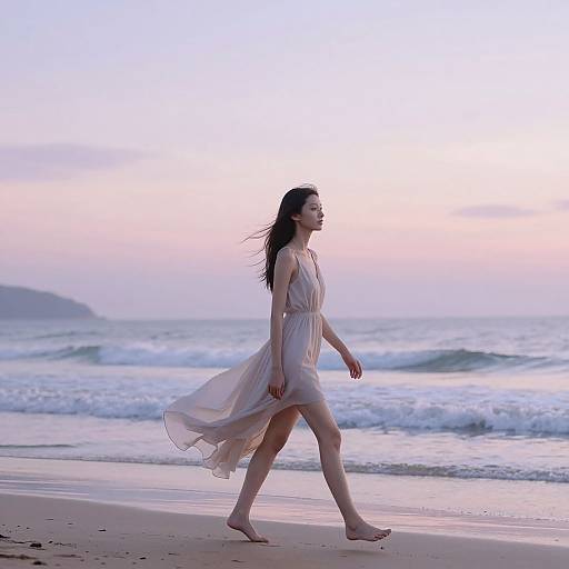 Slender Figure Walking Beach Sunrise