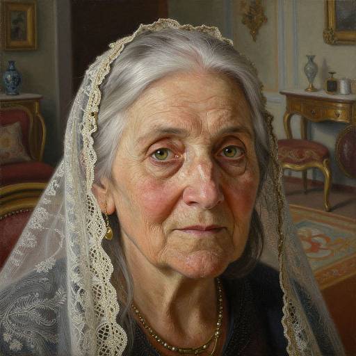 Photograph of an elderly woman with white hair, wearing a lace veil and gold earrings, in a richly decorated, vintage-style room.
