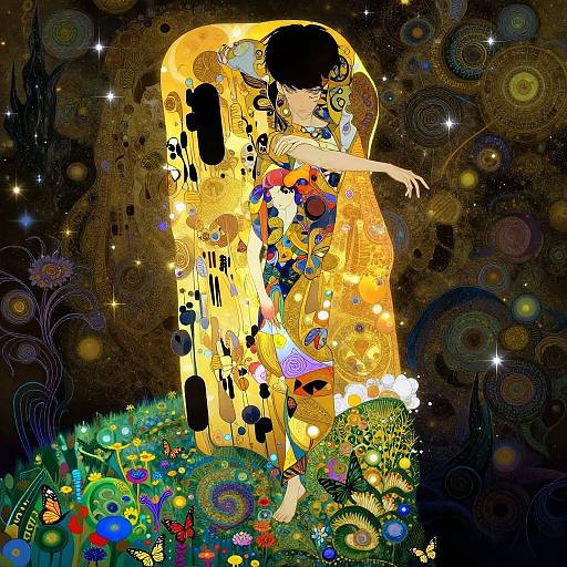 Digital artwork of a woman with black hair, wearing a colorful, abstract dress, illuminated by a glowing golden figure, surrounded by vibrant flowers and swirling patterns
