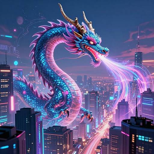 Digital artwork: Vibrant, blue-scaled dragon with glowing horns and pink accents breathes a neon-pink stream, soaring over a futuristic cityscape