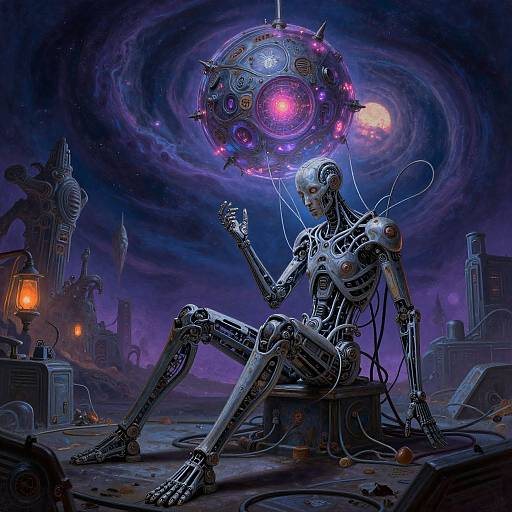 Sci-fi digital art: Cybernetic humanoid with exposed wires sits on a stool, holding a glowing, orb-like device against a swirling, purple galaxy