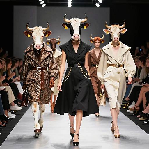 Fashion runway photograph featuring three models with cow heads, wearing black, brown patterned, and white dresses, with gold jewelry and high heels.