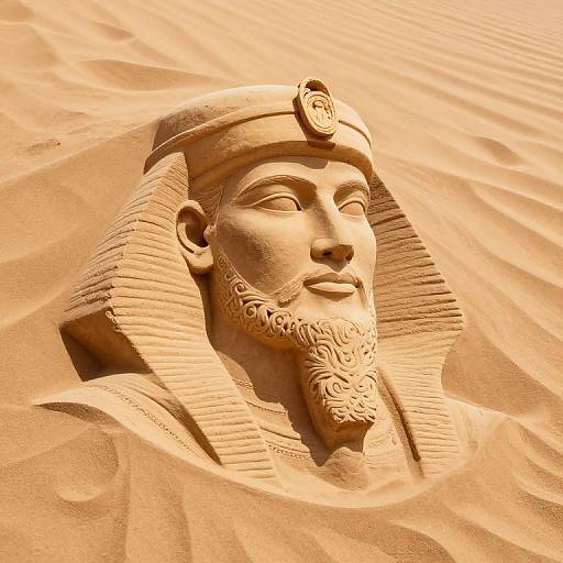 Photograph of a sand sculpture depicting a bearded pharaoh with a detailed headdress, set against a golden sand background.