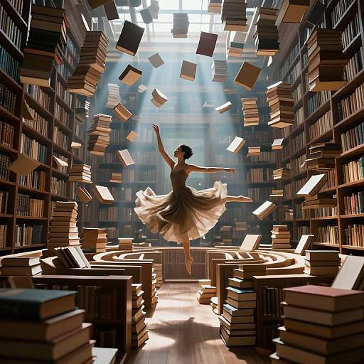 A ballerina in a flowing white dress leaps amidst floating books in a sunlit, towering library filled with bookshelves.