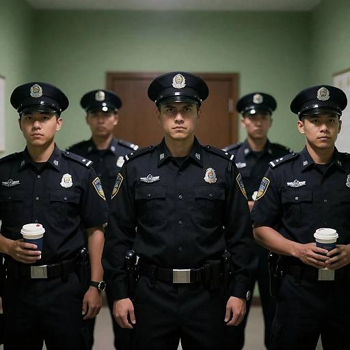 Male Police Officers in Dim Green Room