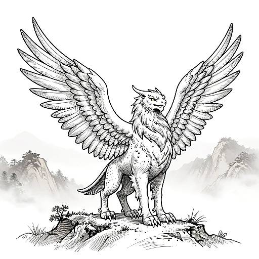 Noble Griffin Line Art at Sunrise