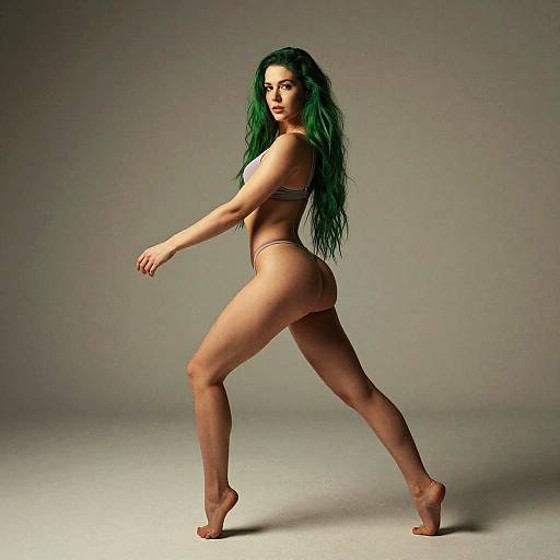 Photograph of a fit woman with long green hair, wearing a striped bikini, standing in profile with a confident pose against a plain gray background.