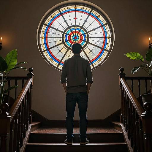 Contemplative Man by Stained Glass Window