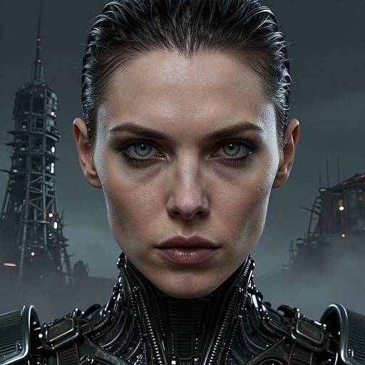 CGI portrait of a stern-faced, blue-eyed woman with slicked-back dark hair, wearing a high-tech, black armored suit, against a fog