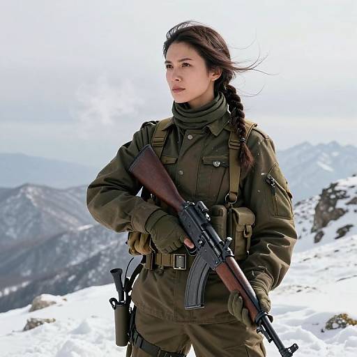 Photograph of an Asian woman with braided hair, wearing olive military gear and holding a rifle, standing in a snowy mountain landscape.