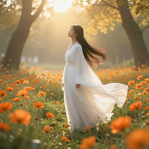 Photograph of a pregnant Asian woman in a flowing white dress, standing in a sunlit field of vibrant orange flowers, with tall trees in the background