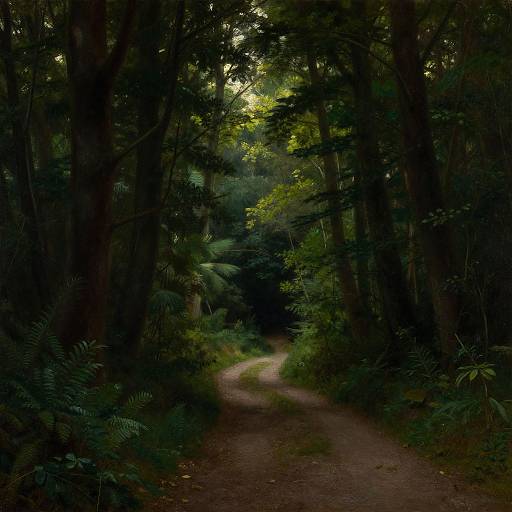 Photograph of a dark, dense forest with a narrow, winding dirt path illuminated by faint, dappled sunlight filtering through tall, shadowy trees