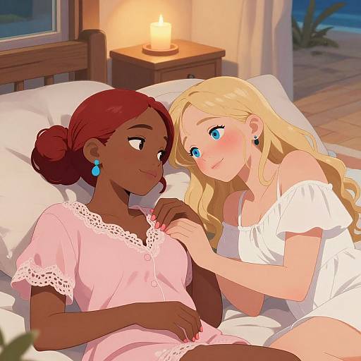 Digital anime-style drawing of a dark-skinned woman with red hair and blue earrings, lying in bed with a blonde woman in a white off-should