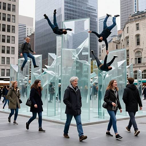 Photograph of four people walking past a modern public art installation with four men suspended upside-down in glass cubes. Urban cityscape background.