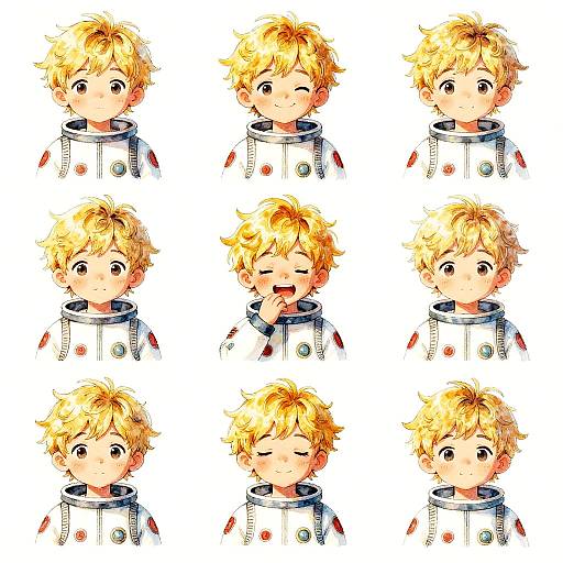 Digital anime-style illustration of a blonde boy with curly hair, wearing a white and blue jacket, showing 9 different expressions.
