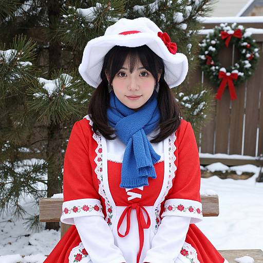 Photograph of an Asian woman in a red and white Santa-themed dress, blue scarf, and white hat, sitting on a snow-covered bench, with