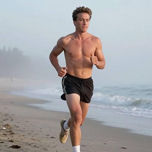 Photograph of a fit, shirtless young man with short brown hair, running on a foggy beach wearing black shorts and beige sneakers.