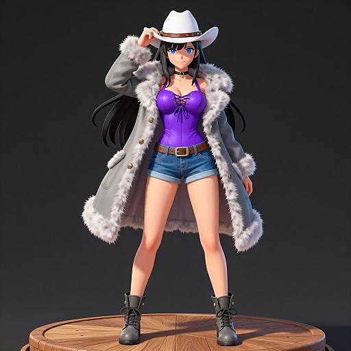 Anime Female Character in Cowboy Hat and Fur Coat