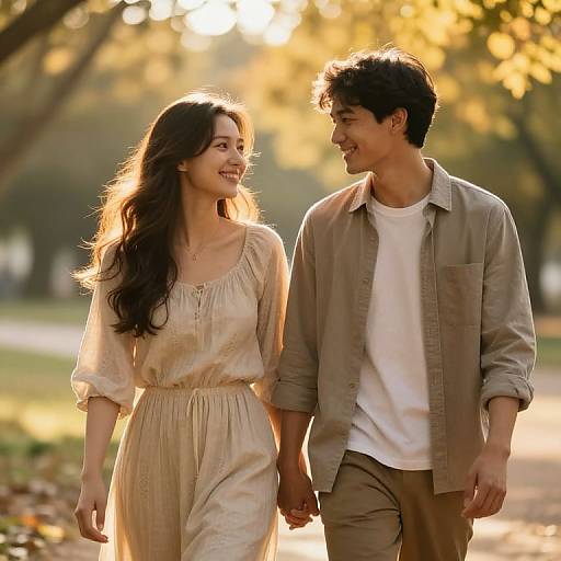 Golden Sunlight Lovers Walking Hand-in-Hand