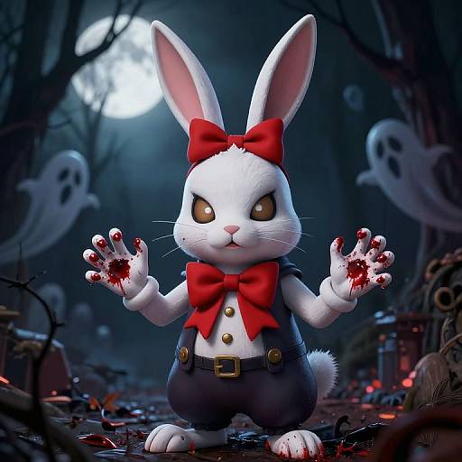 Digital artwork of a white bunny with red bow, black vest, and bloodied paws, standing in a spooky, moonlit forest with ghostly