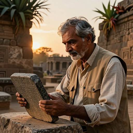 Photograph of an elderly Indian man with gray hair and beard, wearing a beige shirt, studying an ancient stone tablet in a sunlit, historic ruin