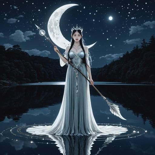 Ethereal Moon Goddess by Reflective Lake at Night