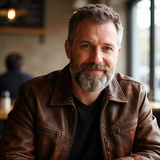 Photograph of a middle-aged, bearded man with graying hair, wearing a brown leather jacket and black shirt, smiling warmly in a softly lit