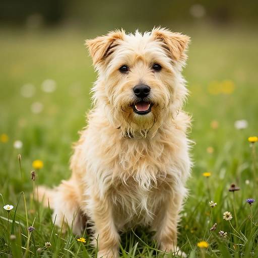Photograph of a fluffy, light beige, small terrier dog sitting in a grassy field with scattered wildflowers, smiling with mouth open.