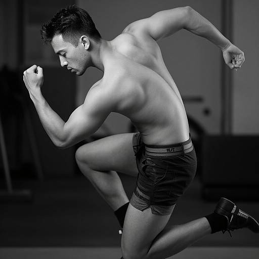 Black and white photograph of a muscular, shirtless man in boxer shorts and socks, mid-jump, focused, fists clenched, indoor background.