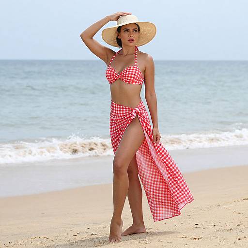 Photograph of a tan-skinned woman in a red gingham bikini and matching high-slit skirt, wearing a wide-brimmed sunhat,