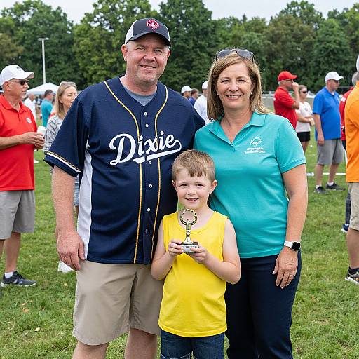 Photograph of a smiling family: a middle-aged man in a navy baseball jersey, a woman in a teal polo, and a young boy in a