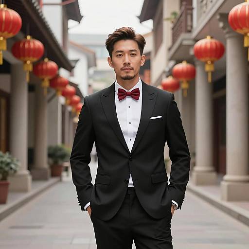 Asian Man in Black Suit with Red Bow Tie
