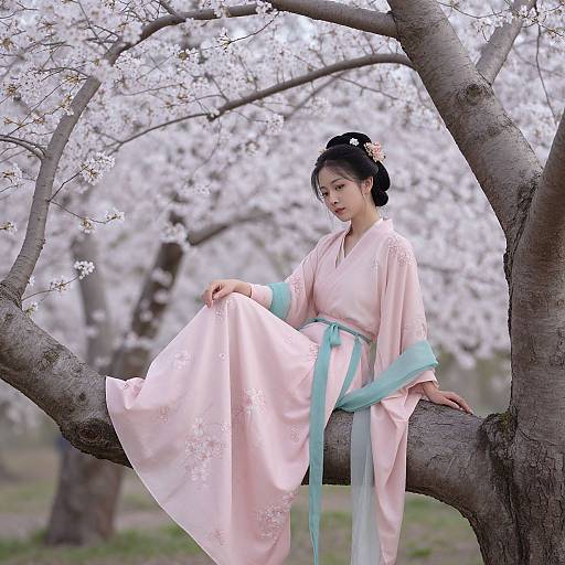 Photograph of an East Asian woman in a pink kimono with turquoise sash, sitting on a cherry blossom tree branch, surrounded by blooming trees