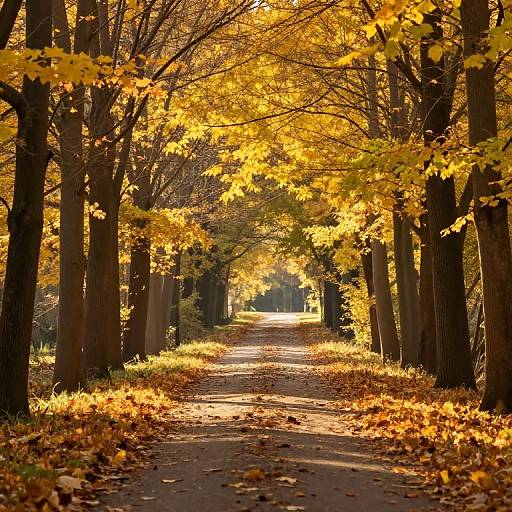 Photograph of a sunlit, autumn forest path lined with tall trees, golden yellow leaves, and scattered fallen leaves on the ground.