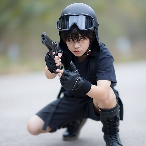Photograph of an Asian woman in black tactical gear, helmet, and goggles, crouching, aiming a black pistol forward, blurred green background.