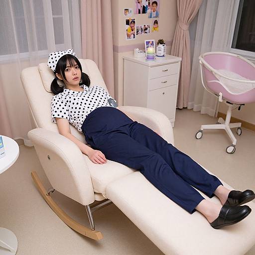 Photograph of an Asian woman with black hair, wearing a polka dot hat and blouse, black pants, and black shoes, reclining on a