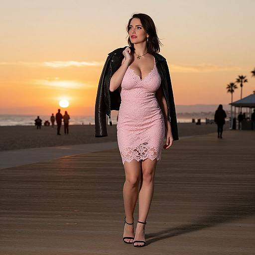Photograph of a curvy woman with light skin, black hair, and red lipstick, wearing a pink lace dress and black jacket, walking on a