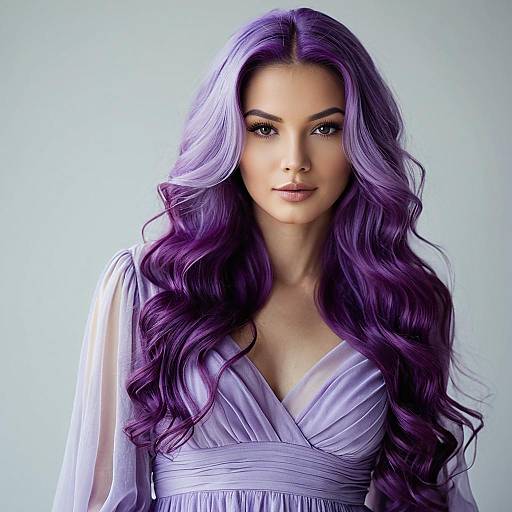 Woman with Long Wavy Purple Hair in Lavender Dress