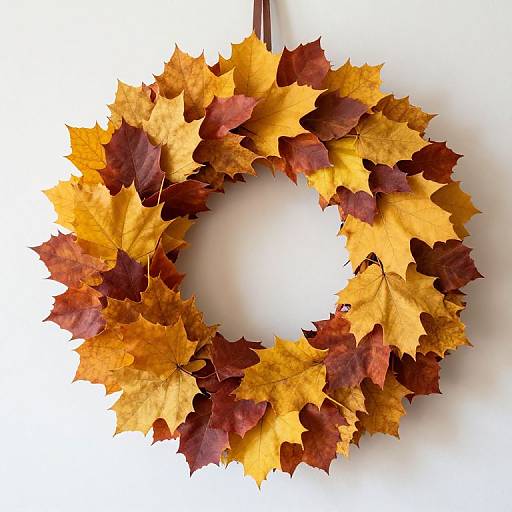Photograph of a circular autumn wreath made from assorted yellow and red maple leaves, hanging against a plain white background.