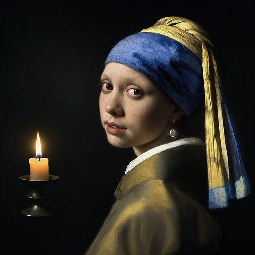 Digital art of a pale-skinned woman with blue headscarf, golden-yellow headdress, and pearl earrings, gazing at a lit candle against