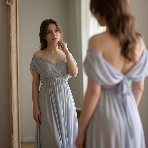 Photograph of a woman with wavy brown hair, wearing an off-shoulder, light blue, pleated dress, standing in front of a