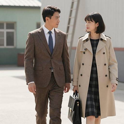 Sunlit Industrial Couple: Tweed and Trench