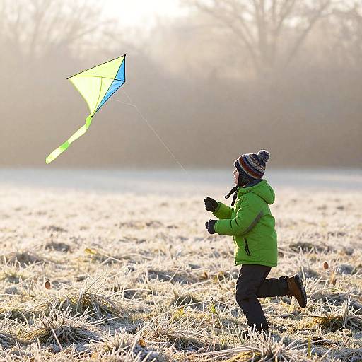 Child Running with Kite in Frosty Meadow