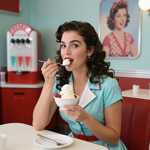 Photograph of a 1950s-style woman with curly black hair, wearing a blue polka-dot dress, eating a dessert in a retro diner