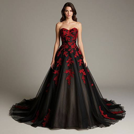 Elegant Black Wedding Dress with Red Lace